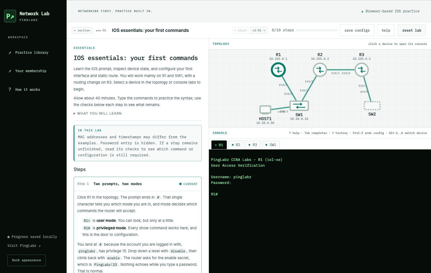 PingLabz browser lab showing its real topology, command console, and guided checks