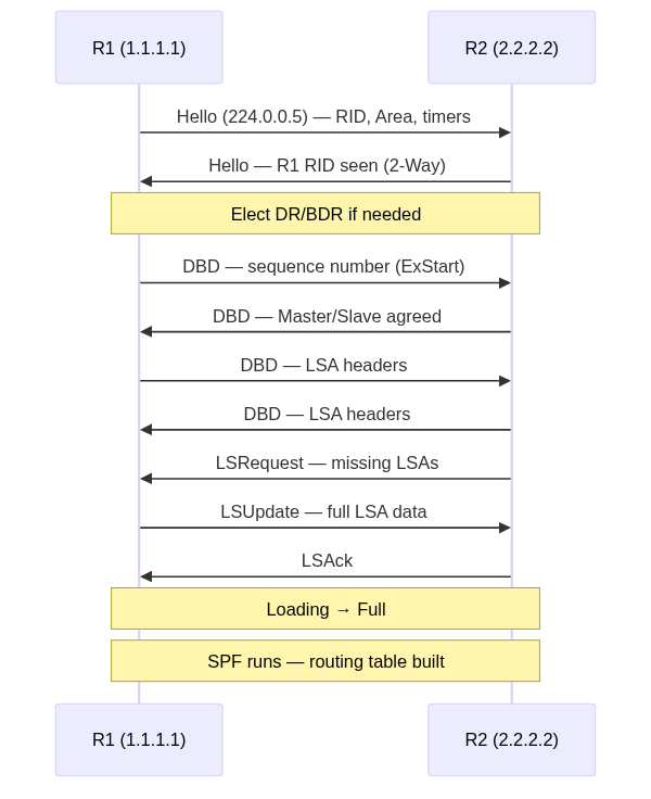 High-level OSPFv2 control-plane flow from Hello exchange to SPF calculation and route installation.