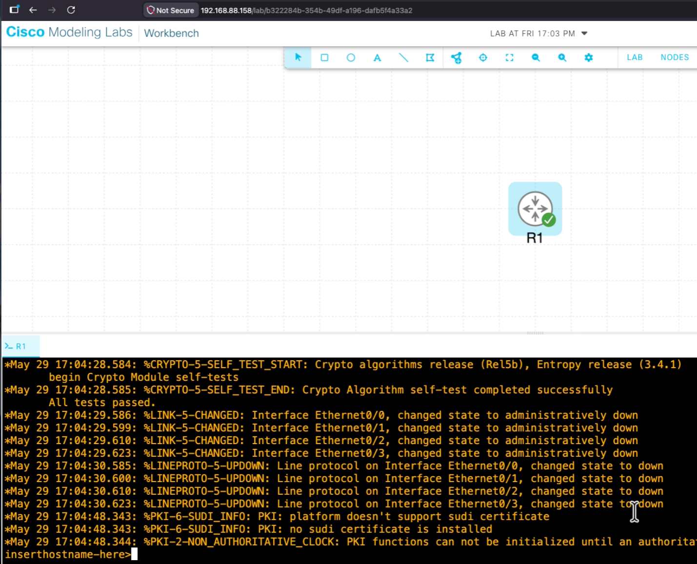 CML workbench with a running router node R1 and its console output confirming the node booted successfully