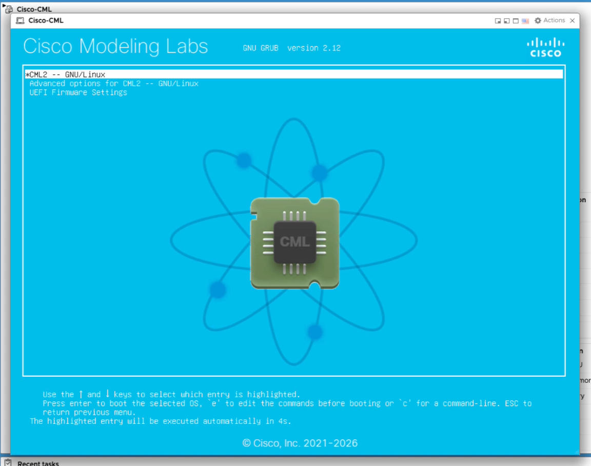 GNU GRUB boot menu for Cisco Modeling Labs CML2 GNU/Linux on first power on