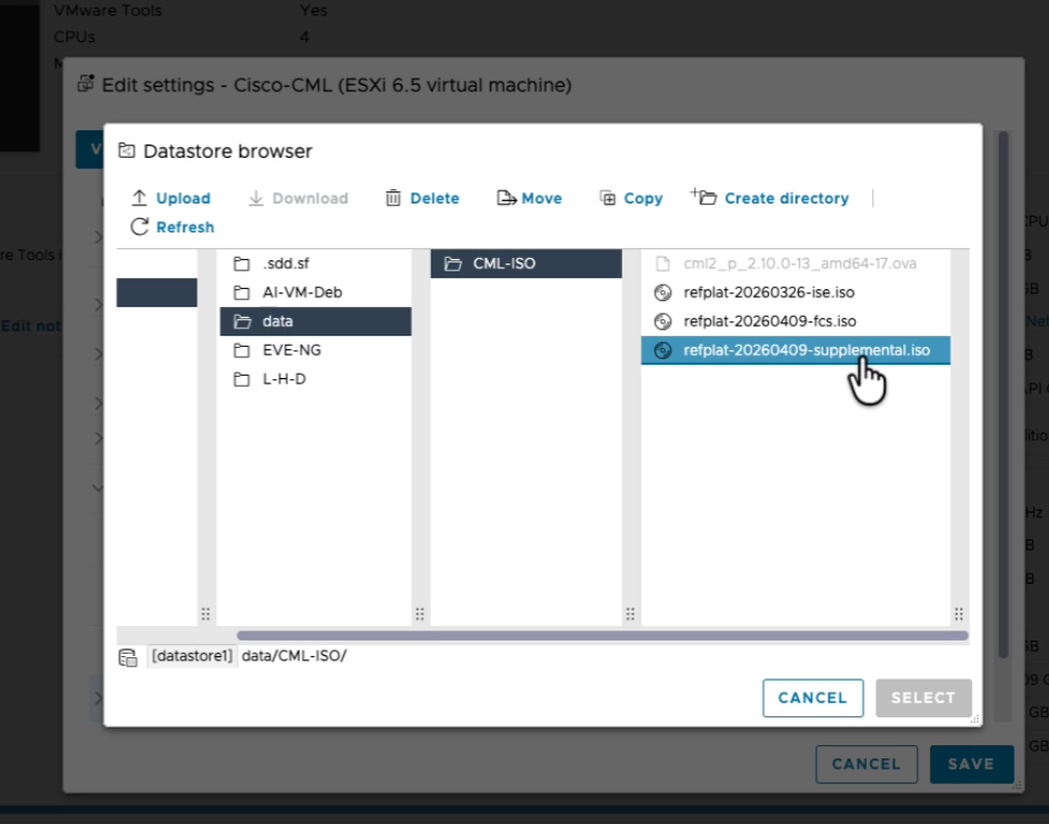 ESXi datastore browser showing the CML 2.10 OVA and refplat ISO files including refplat-20260409-fcs.iso and refplat-20260409-supplemental.iso