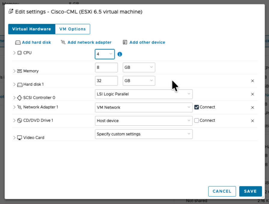 ESXi Edit settings for the Cisco-CML VM showing 4 vCPU, 8 GB memory, 32 GB hard disk, and CD/DVD drive