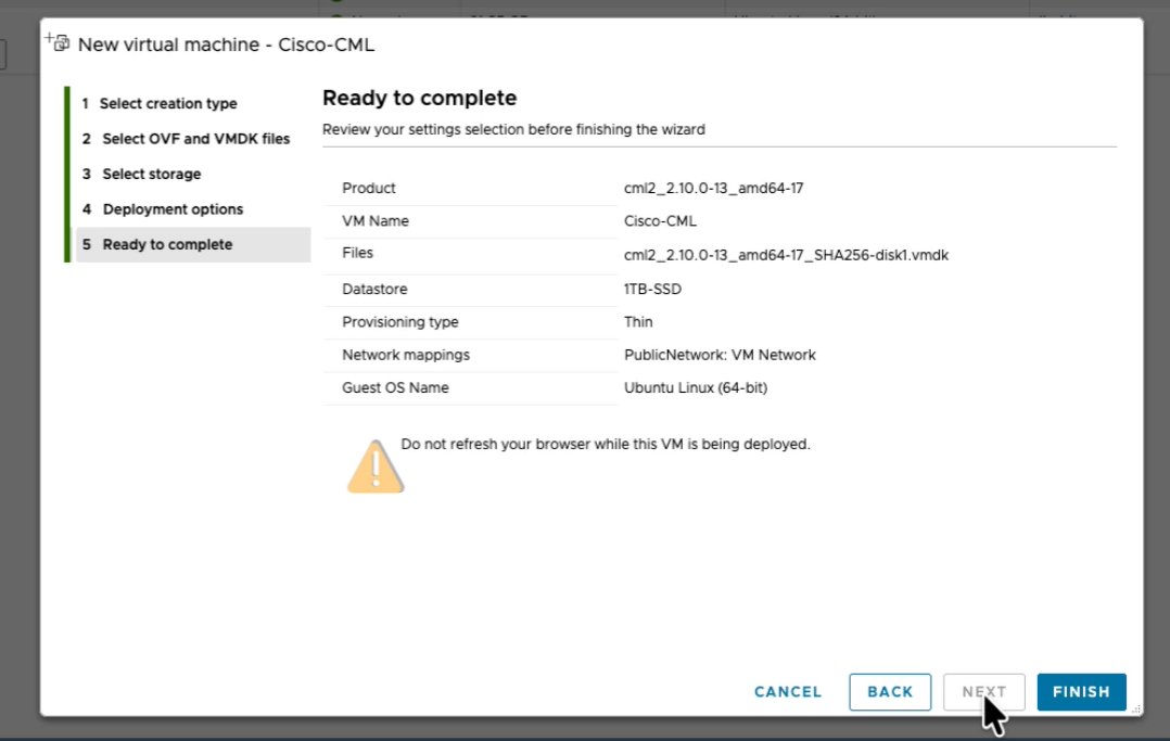 Ready to complete step showing product cml2_2.10.0-13_amd64-17, thin provisioning, and Ubuntu Linux 64-bit guest OS