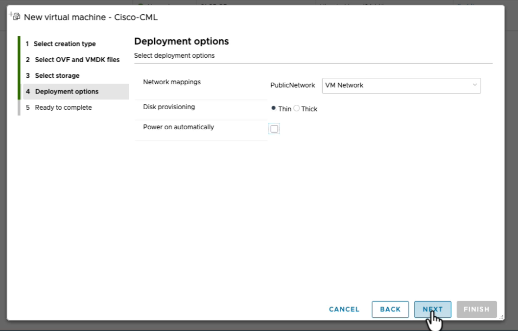 Deployment options in ESXi with PublicNetwork mapped to VM Network, Thin disk provisioning, and Power on automatically unchecked