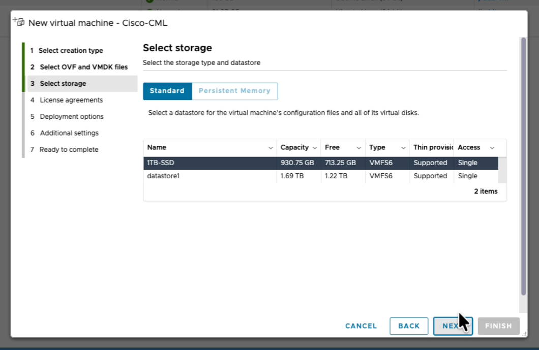 Select storage step in ESXi showing a 1TB-SSD datastore selected for the CML VM