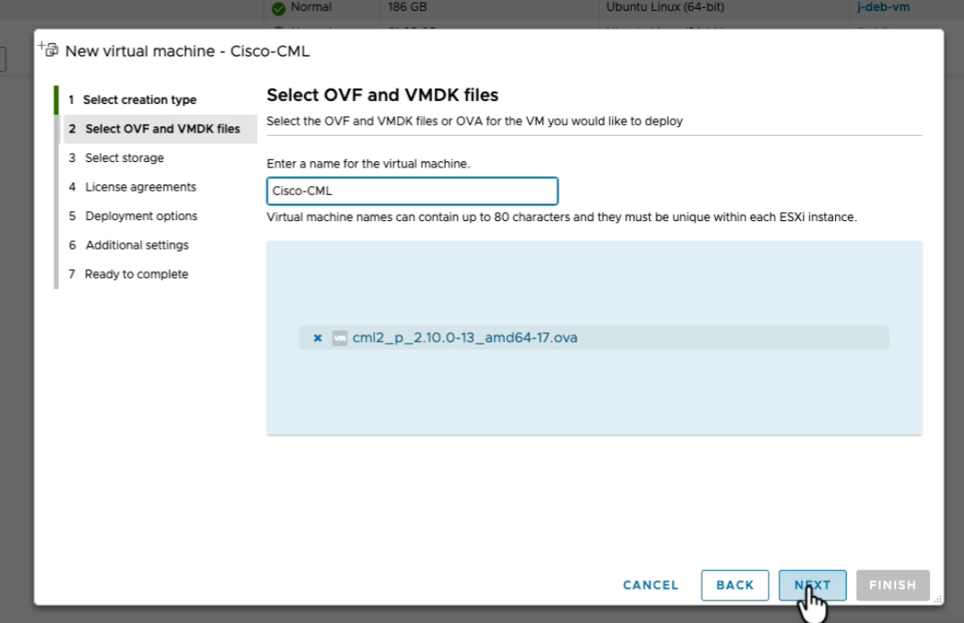 Select OVF and VMDK files step with cml2_p_2.10.0-13_amd64-17.ova uploaded and VM named Cisco-CML