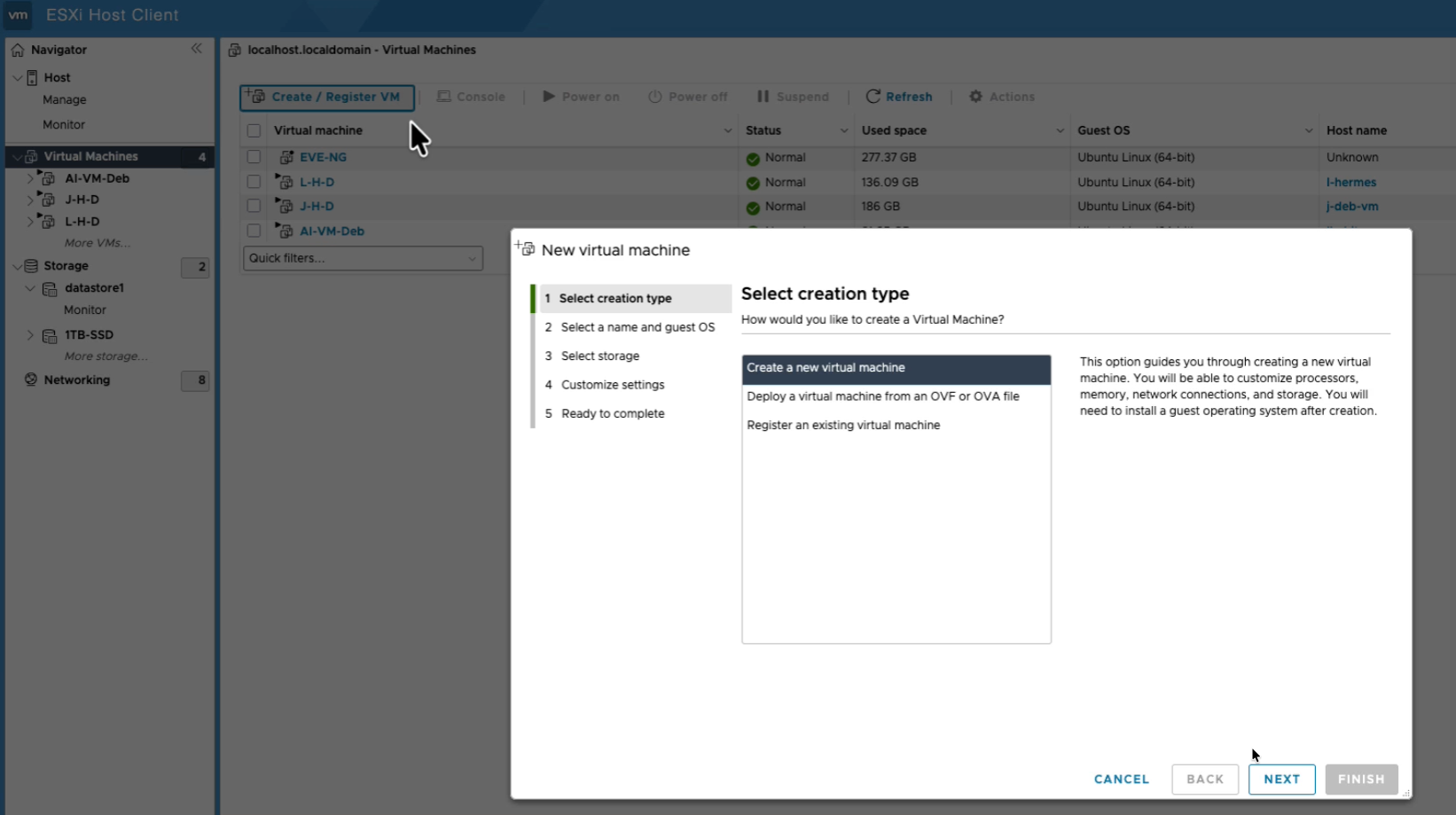 ESXi New virtual machine wizard, Select creation type, Deploy a virtual machine from an OVF or OVA file