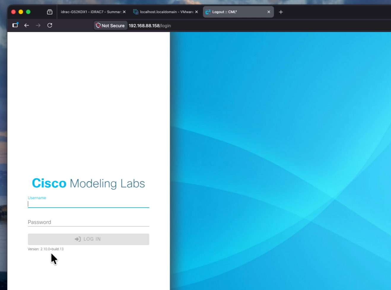 Cisco Modeling Labs web UI login page in a browser