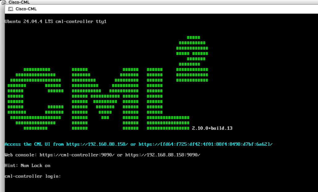 CML console login banner showing CML 2.10.0 build 13, Ubuntu 24.04, and the web UI access URL on the assigned IP address
