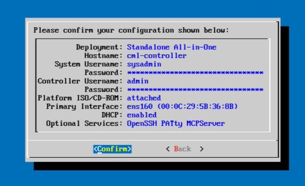 CML configuration confirmation screen showing Standalone All-in-One deployment, cml-controller hostname, sysadmin and admin users, ISO attached, DHCP enabled