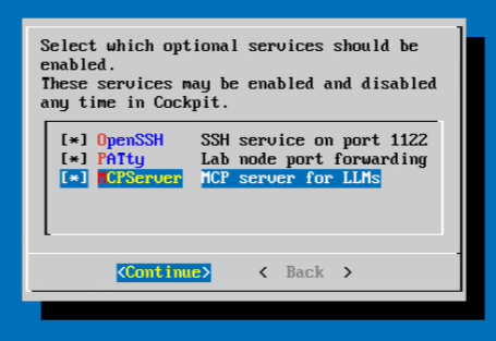 CML optional services selection showing OpenSSH on port 1122, PATty lab node port forwarding, and MCP server for LLMs