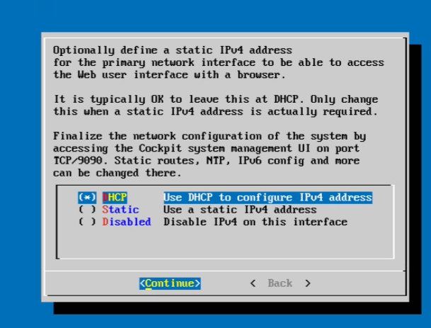 CML setup wizard IPv4 configuration screen with DHCP selected for the primary network interface
