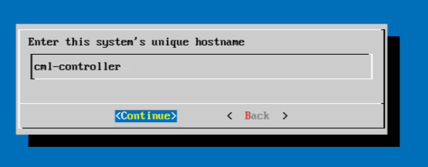 CML setup wizard prompting for the system hostname, set to cml-controller