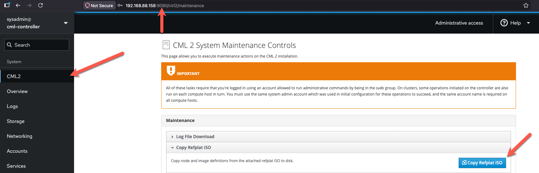 Cockpit CML2 System Maintenance Controls page with the Copy Refplat ISO button