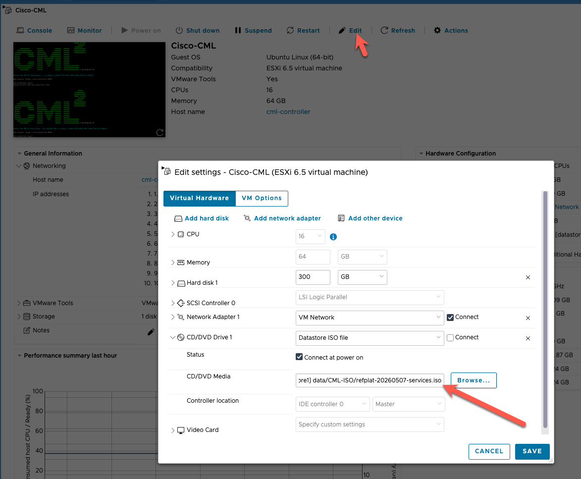 VMware ESXi Edit settings dialog with the CML VM CD/DVD drive set to the refplat services ISO