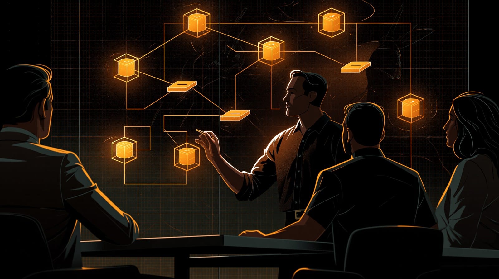 Network engineer sketching a glowing network topology on a dark whiteboard while an interview panel watches