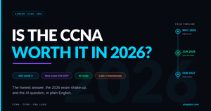Dark PingLabz banner reading Is the CCNA Worth It in 2026 with the exam timeline from May 2026 to February 2027