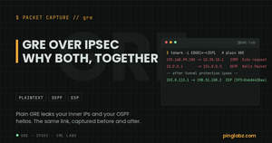 GRE over IPsec: packet capture showing plaintext inner IPs and OSPF hellos, then ESP only