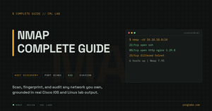 Nmap complete guide - dark terminal showing a real -sV scan with open, closed, and filtered ports