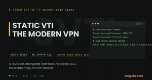 Static VTI: real show interface Tunnel0 showing IPSEC/IP transport and an any/any IPsec flow