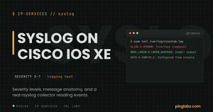 Syslog on Cisco IOS XE feature image with real syslog messages on a Linux collector