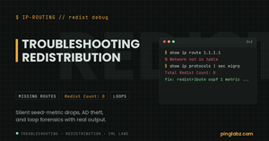 Patch Panel feature image: troubleshooting route redistribution, network not in table and Redist Count 0