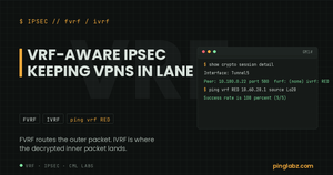 VRF-aware IPsec: real crypto session showing fvrf none and ivrf RED with a VRF-scoped ping