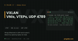 Real byte-level VXLAN packet: UDP port 4789, 8-byte VXLAN header, VNI 10010, tenant frame inside