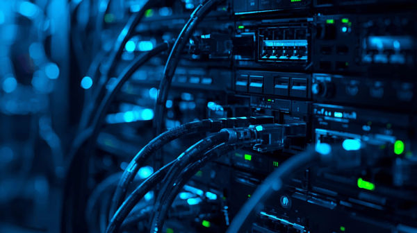 Ethernet cables connected to a network switch with glowing port LEDs